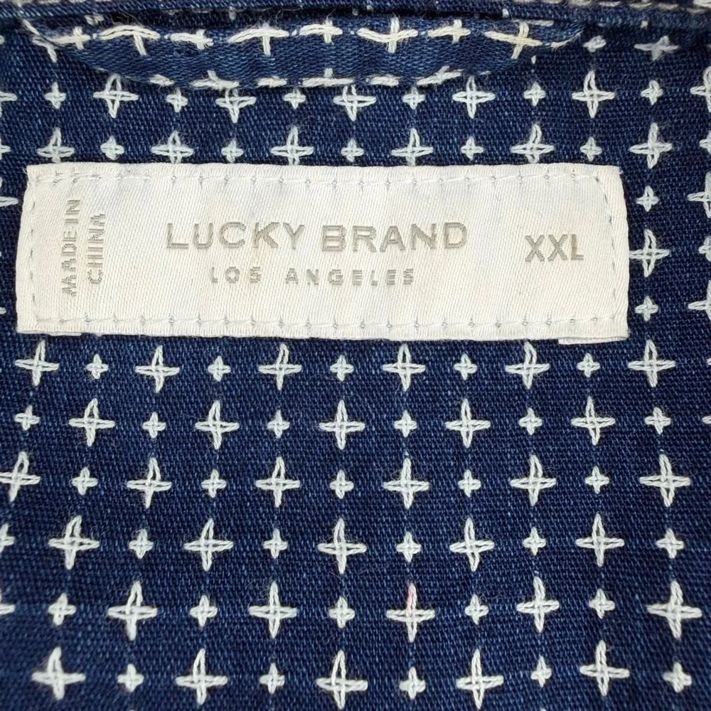 Lucky Brand Button Down Shirt Mens XXL Navy Blue Geometric Short Sleeve Pocket